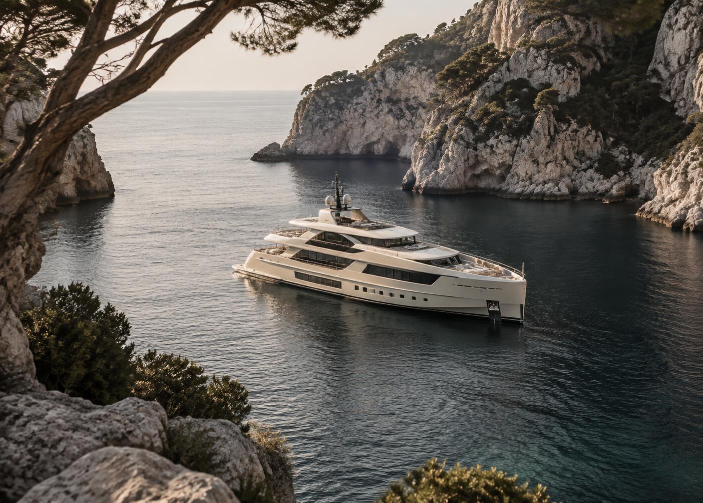 Superyacht in a secluded cove